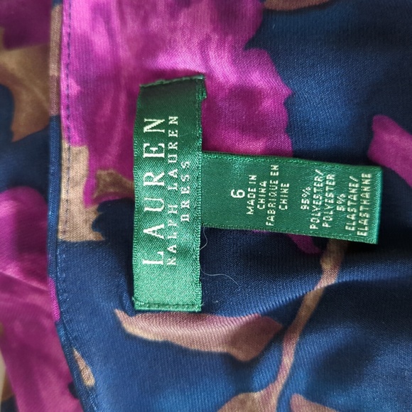 Ralph Lauren faux wrap dress blue with fuscia pink and cherry flowers. - Picture 7 of 10